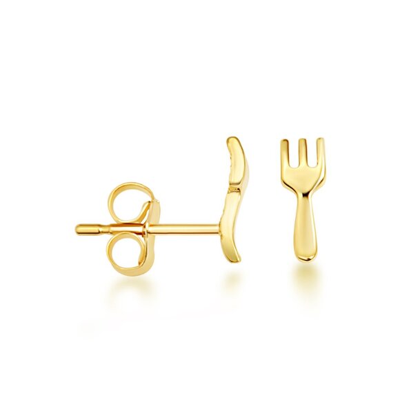 10K Solid Yellow Gold Small Fork Food Stud Earrings